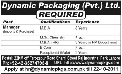 Dynamic Packaging Pvt Ltd. Required Manager