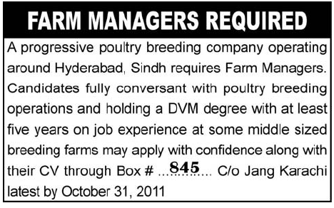 Farm Managers Required by a Poultry Breeding Company