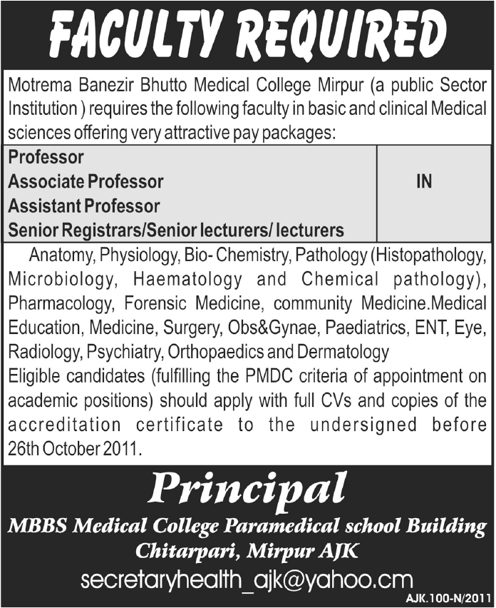 Mohterma Benazir Bhutto Medical College Mirpur Required Faculty