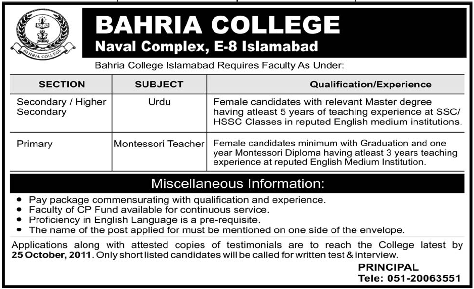 BAHRIA College, Islamabad Required Faculty
