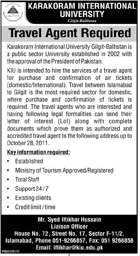 Karakoram International University, Gilgit-Baltistan Required the Services of Travel Agent