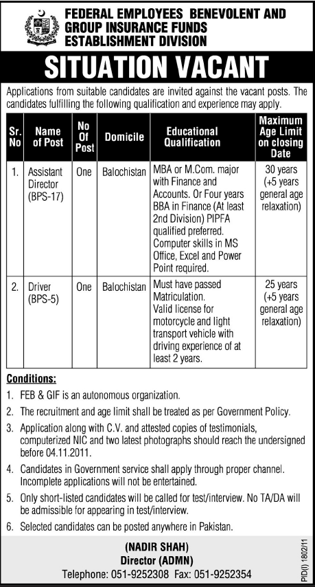Assistant Director and Driver Required by Federal Employees Benevolent and Group Insurance Funds Establishment Division