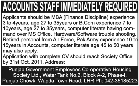 Punjab Government Employees Co-Operative Housing Society Ltd. Required Accounts Staff