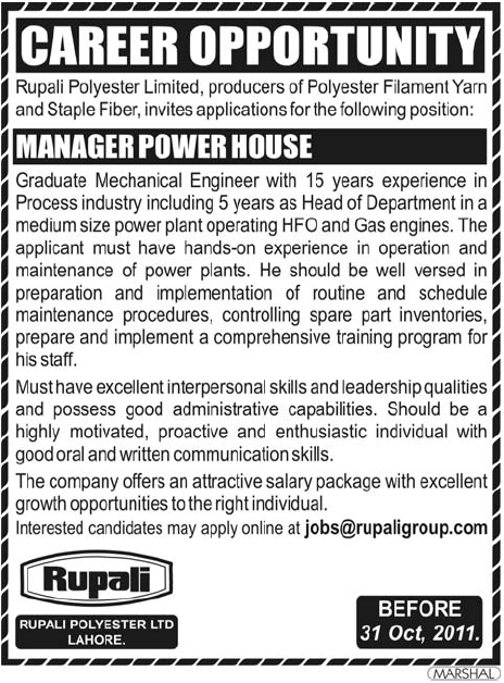 Rupali Polyester Limited Required the Services of Manager Power House