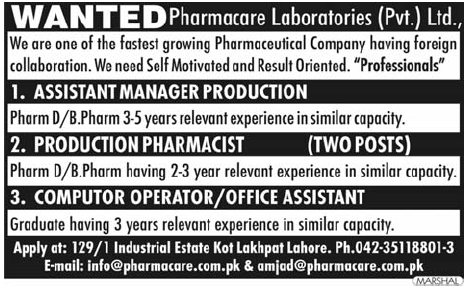 Pharmacare Laboratories Pvt Ltd Required Staff