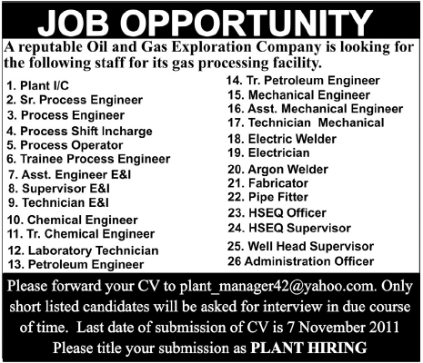 Oil and Gas Exploration Company Required Staff