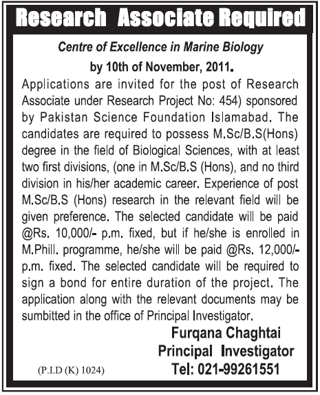 Research Associate Required by the Pakistan Science Foundation Islamabad