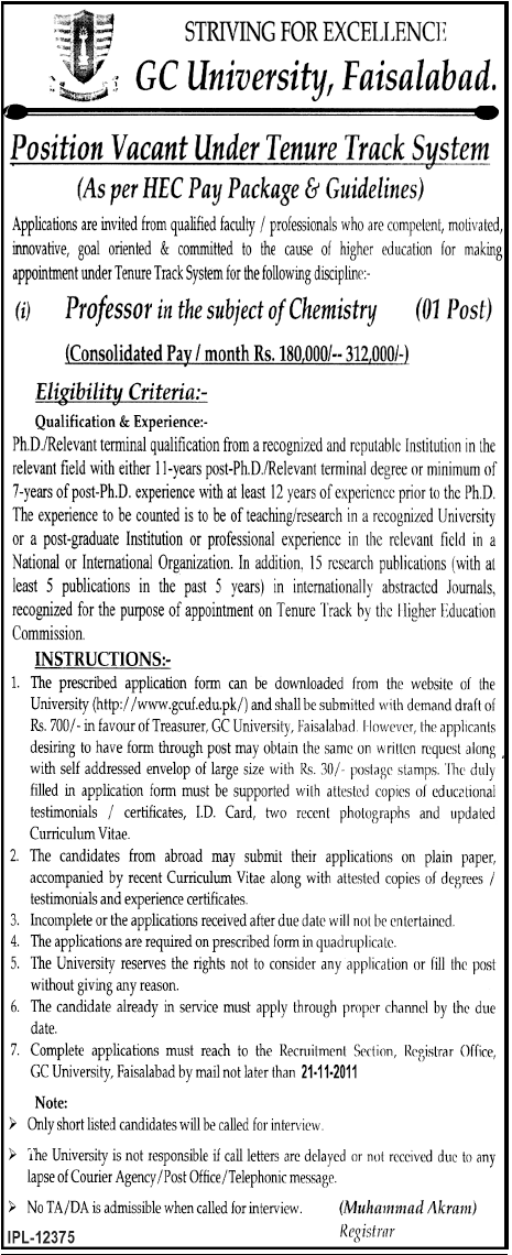 GC University, Faisalabad Required the Services of Professor