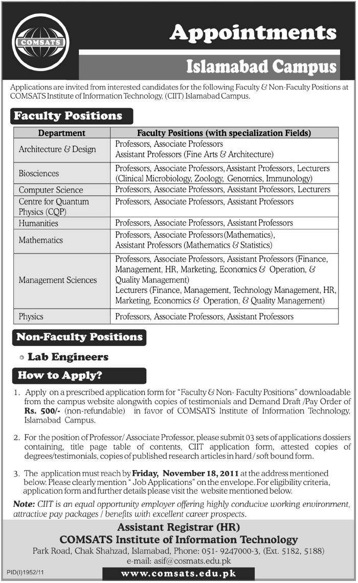 COMSATS Required Faculty & Non-Faculty Positions For Islamabad Campus
