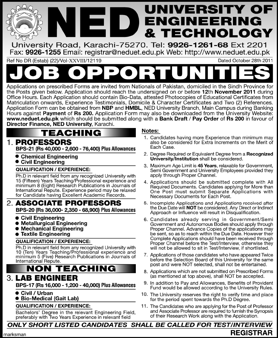 NED University of Engineering & Technology Required Teaching and Non- Teaching Staff