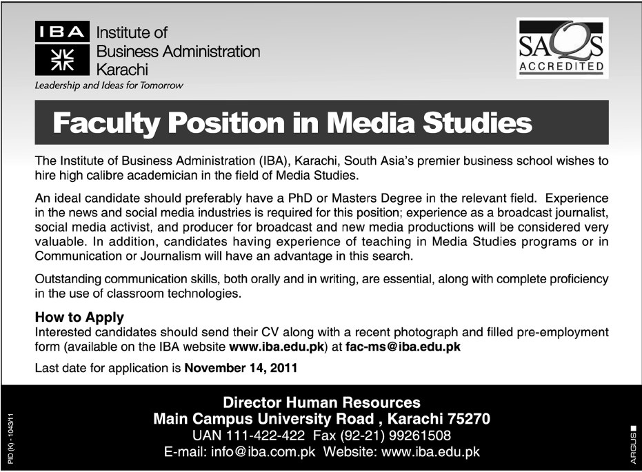 IBA Karachi Required Faculty in Media Studies