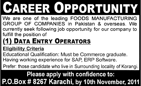 Food Manufacturing Group of Companies Required Data Entry Operators