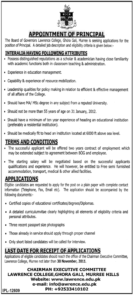 Principal Required by Board of Governors Lawrence College, Ghora Gali, Murree