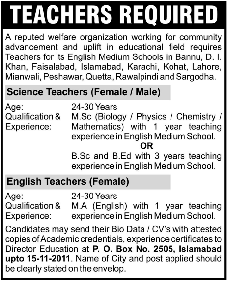 Teachers Required by a Welfare Organization