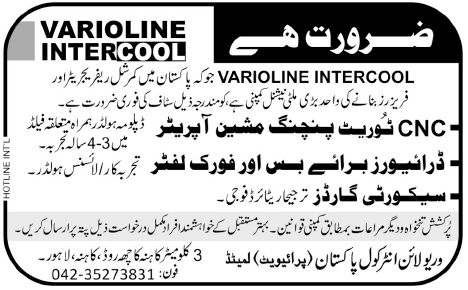 Varioline Intercool Lahore Required Staff