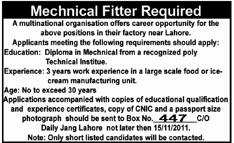 Mechanical Fitter Required by a Multinational Organization