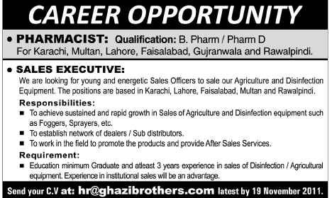 Pharmacist and Sales Executives Required by Ghazi Brothers