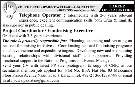 Telephone Operator & Project Coordinator Required by Youth Development Welfare Association