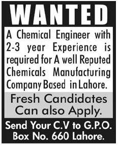 Chemical Engineer Required by a Chemical Manufacturing Company Based in Lahore