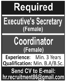 Executive's Secretary (Female) and Coordinator (Female) Required