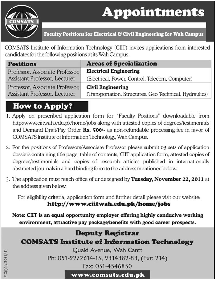 COMSATS Required Faculty for Electrical & Civil Engineering Departmenst, For Wah Campus