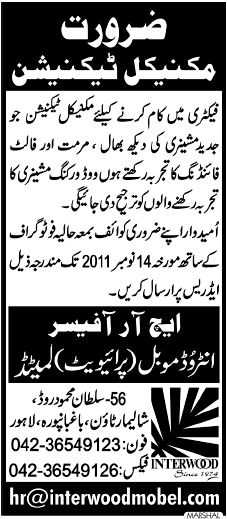 Mechanical Technician Required by Inter Wood Mobel Lahore