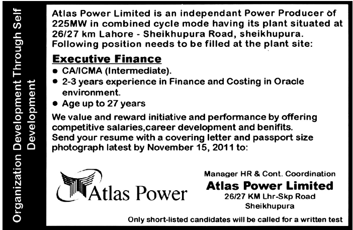 Executive Finance Required by Atlas Power