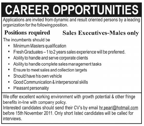 Sales Executives (Males)  Required by Pearl