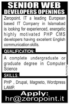 Senior Web Developers Required by Zeropoint IT Company in Islamabad
