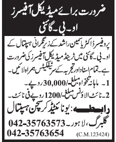 United Christian Hospital Lahore Required Medical Officers