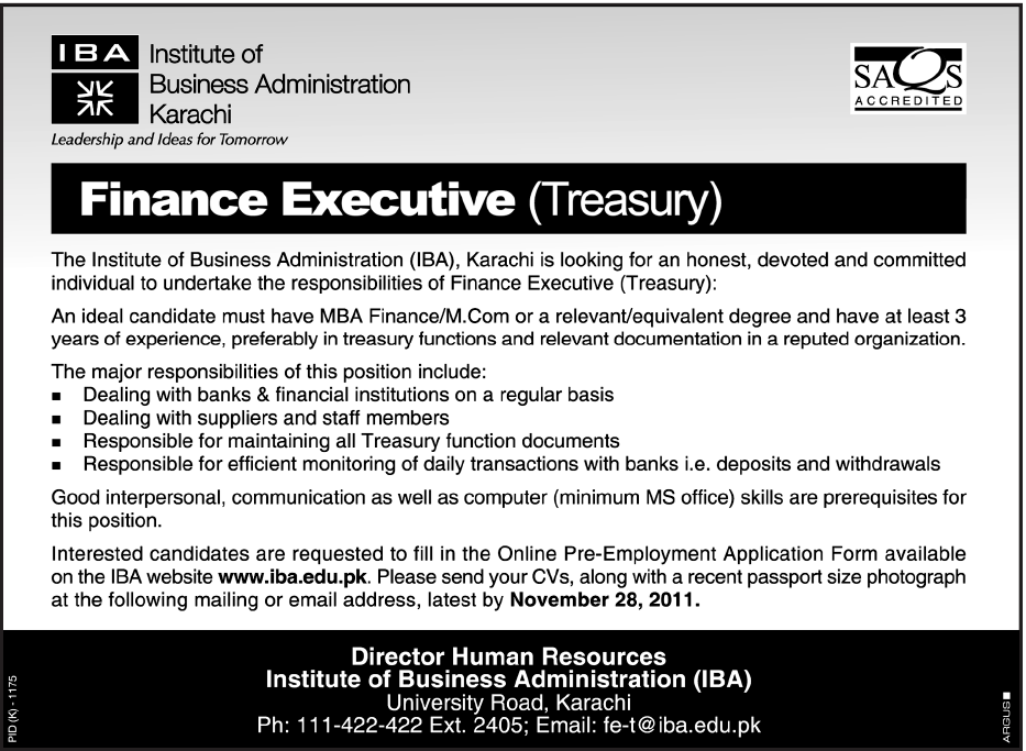Finance Executive Required by IBA Karachi