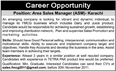 Area Sales Manager Required by FMCG Business in Karachi
