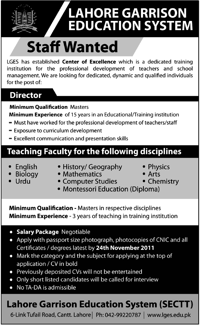 Lahore Garrison Education System Required Staff