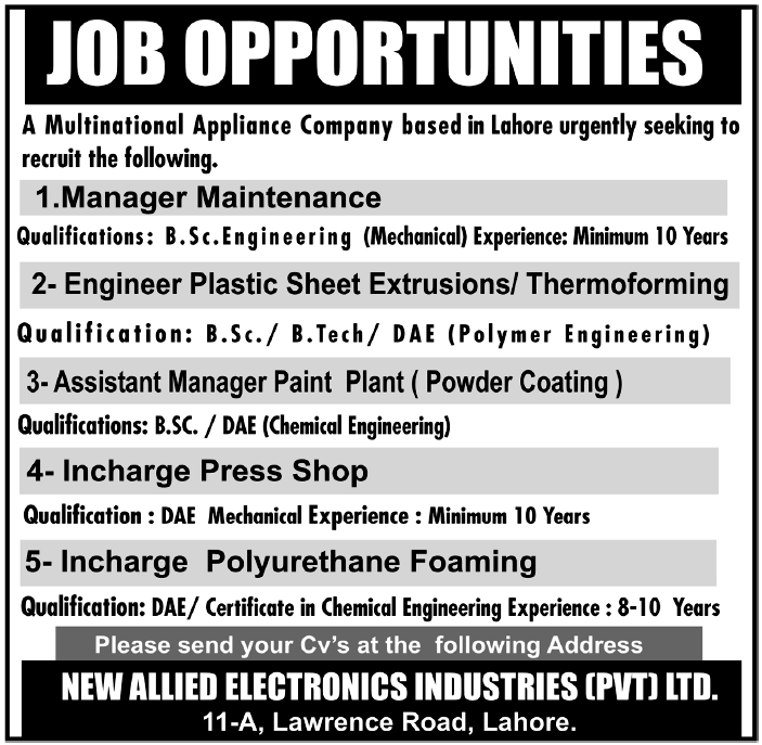 Multinational Appliance Company Required Staff