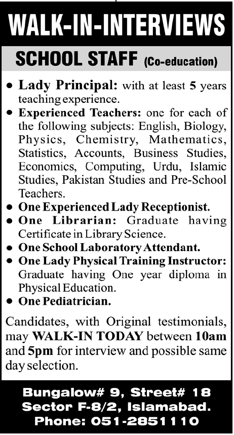 School Staff Required in Islamabad
