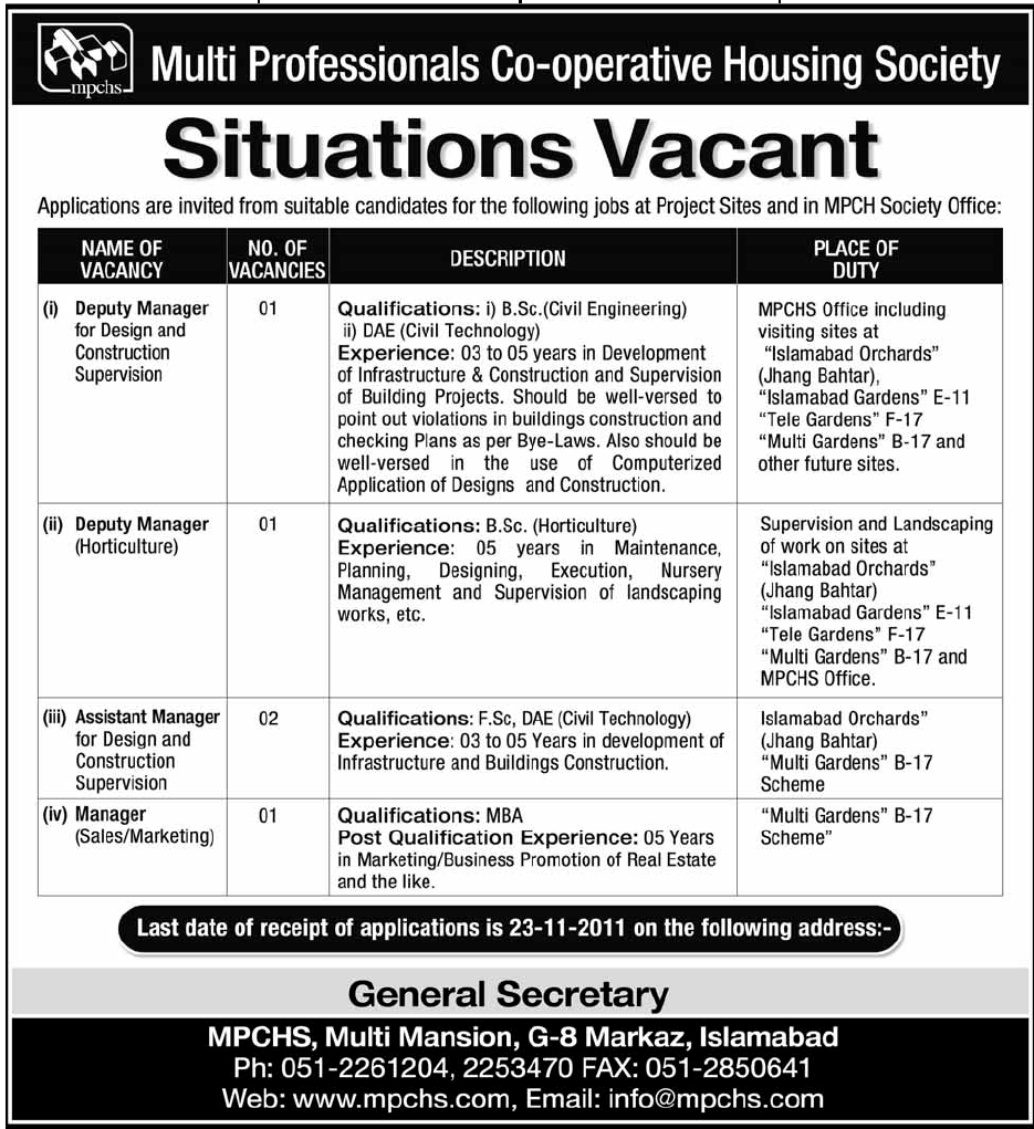 Multi Professionals Co-operative Housing Society, Jobs Opportunity