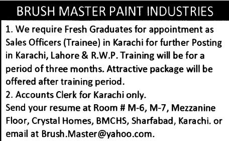 Brush Master Paint Industries Required Sales Officers and Accounts Clerk