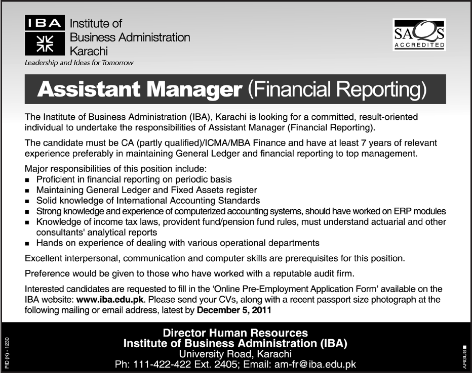 IBA Karachi Required Assistant Manager (Financial Reporting)