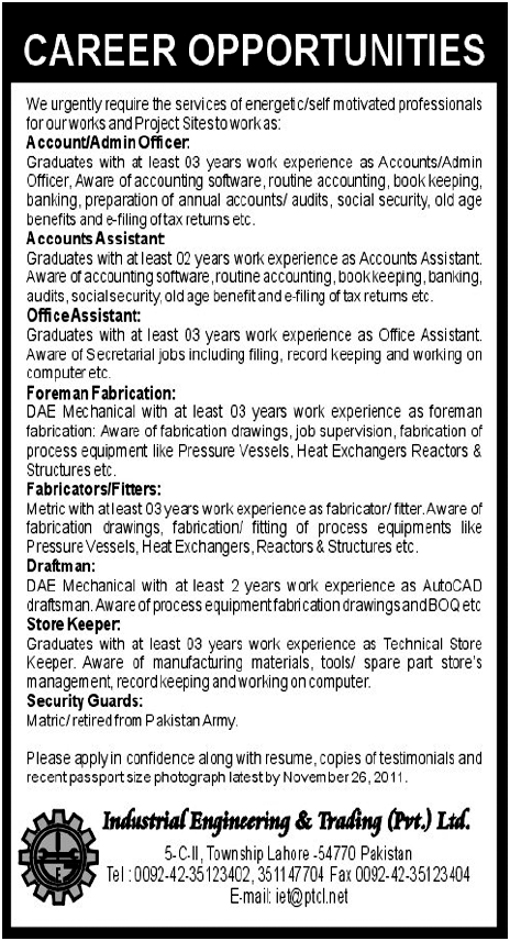 Industrial Engineering & Trading Pvt Ltd. Required Staff