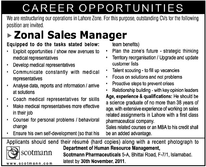 Zonal Sales Manager Required by Scotmann Pharmaceuticals
