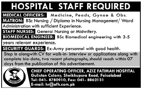 Aziz Fatimah Hospital, Faisalabad Required Staff