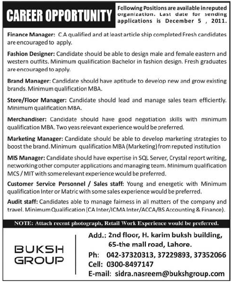Buksh Group, Lahore Jobs Opportunity