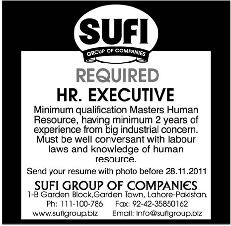 Sufi Group of Companies Required HR. Executive