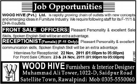 WOOD HIVE Pvt Ltd Required Front Sale Officers and Receptionist