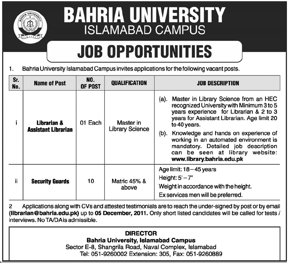 Bahria University Islamabad Campus Job Opportunities