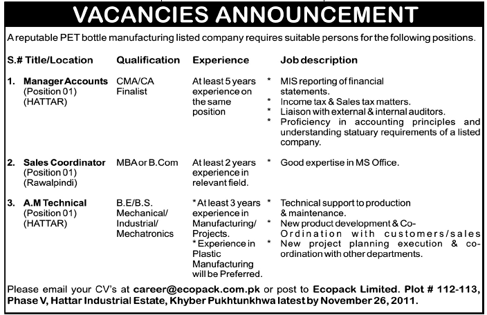 A PET Bottle Manufacturing Company Required Staff