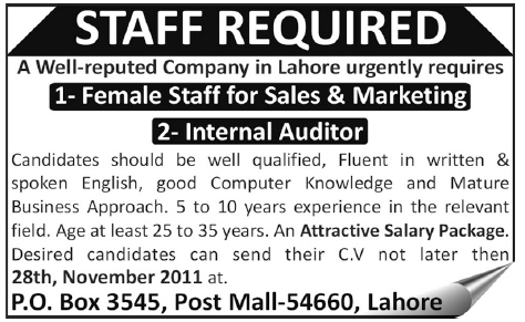Internal Auditor and Sales Staff Required in Lahore