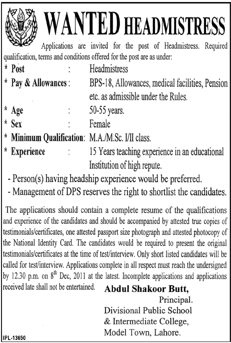 Headmistress Required by Divisional Public School & Intermediate College Lahore