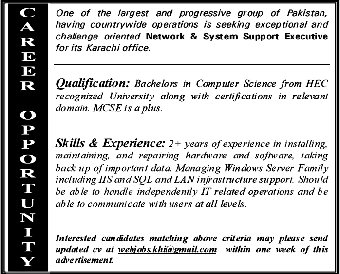 Network & System Support Executive Required in Karachi