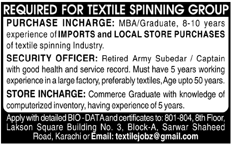 Textile Spinning Group Required Staff